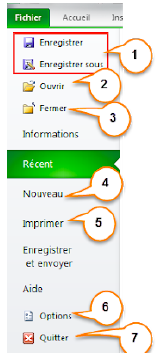 menus d'Excel